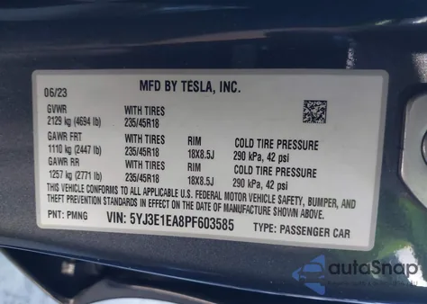 2023 Tesla Model 3 Rear-Wheel Drive z USA, uszkodzony, nr VIN 5YJ3E1EA8PF603585
